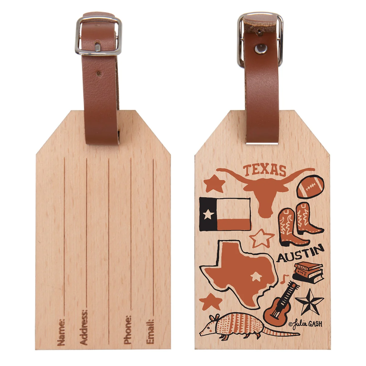 Julia Gash University of Texas Beachwood Luggage Tag